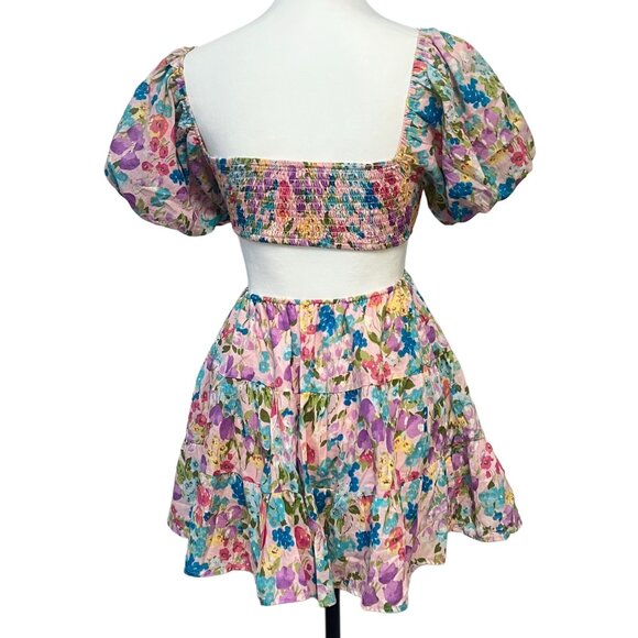 Sky To The Moon Cutout Floral Mini Dress Flare Puff Sleeve Smocked Open Back - Picture 5 of 12
